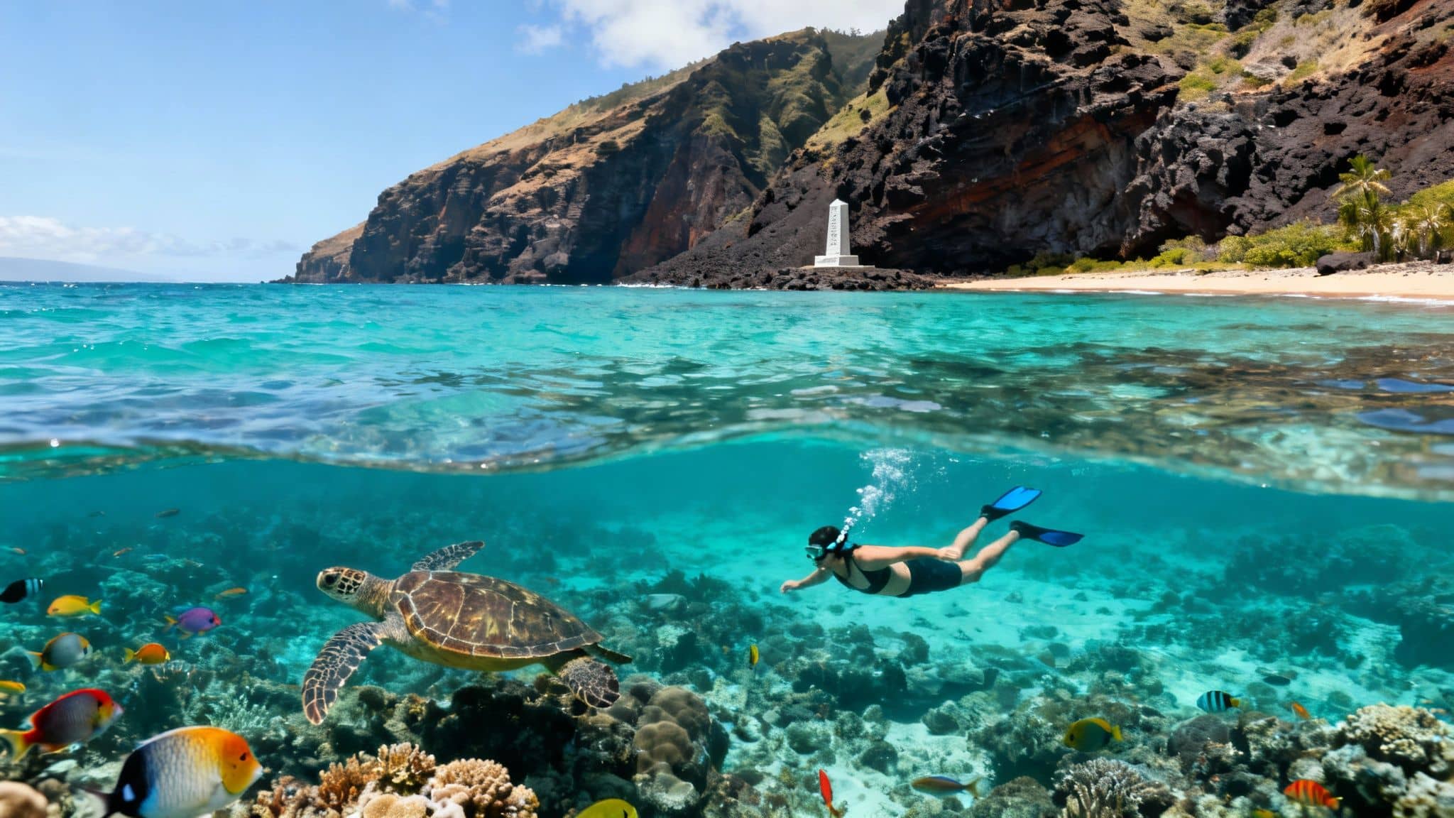 A split view of a vibrant tropical beach and clear ocean with a snorkeler, sea turtle, and fish.