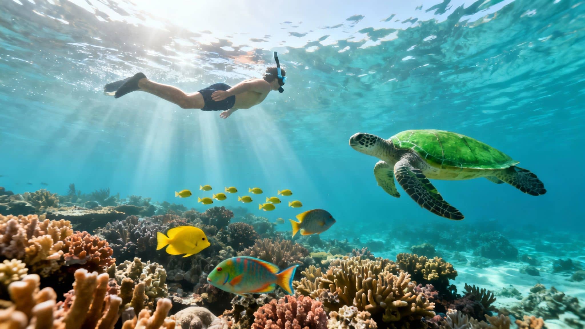 A person snorkeling over a vibrant coral reef with a sea turtle and colorful fish, sunlight streaming through the water.